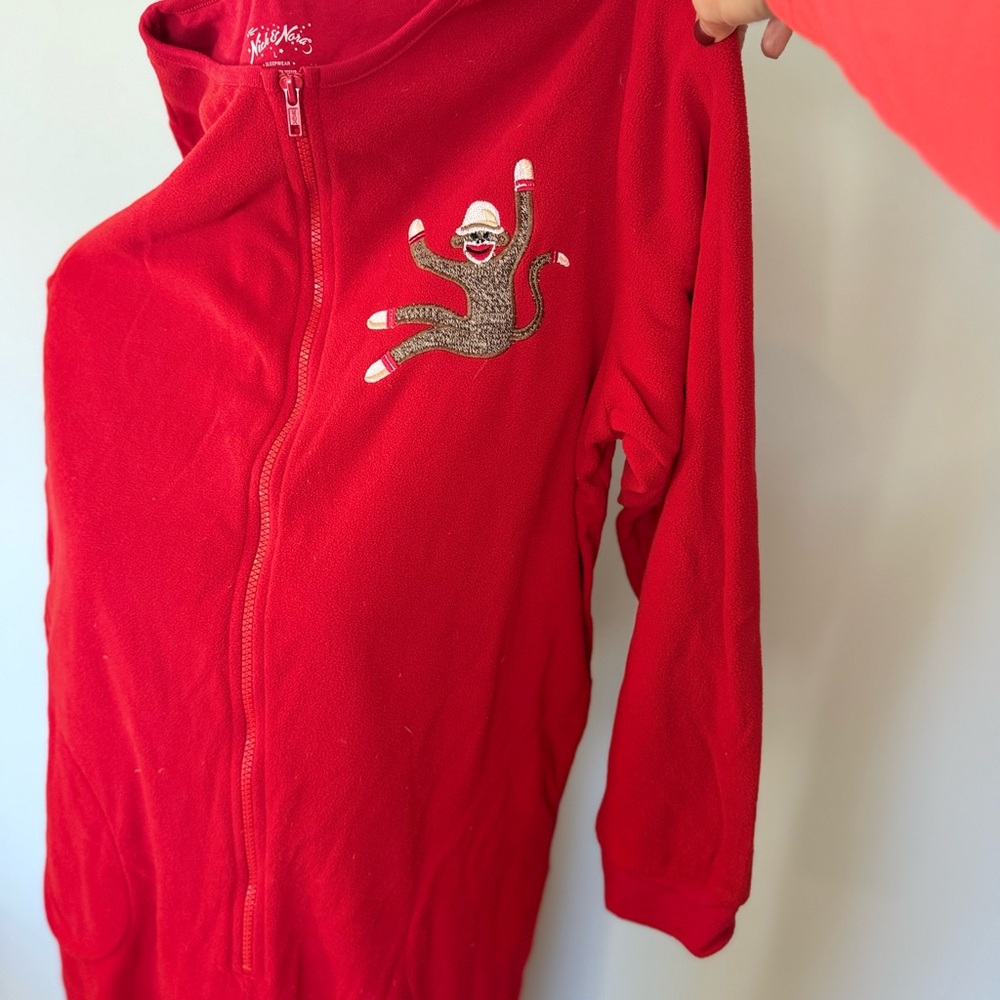 Nick & Nora Red Pajama Onesie with Sock Monkey Design Ugly Sweater
